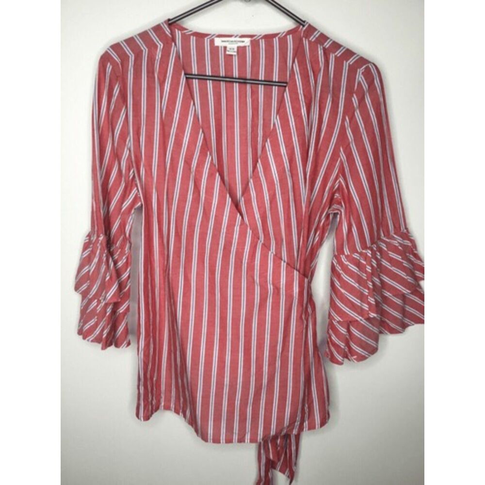 beachlunchlounge Women's Red/White Stripes Wrap Surplice Bell Sleeve Blouse  SP‎